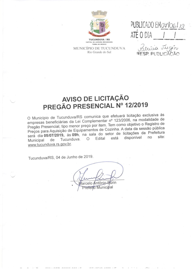 AVISO DE LICITAÇÃO - PREGÃO PRESENCIAL Nº 12/2019